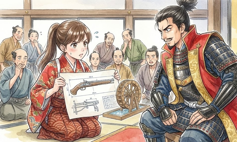 戦国小町苦労譚 イメージ図  小田信長に鉄砲の改良を進言する静子 それを不安そうに見ている家臣達