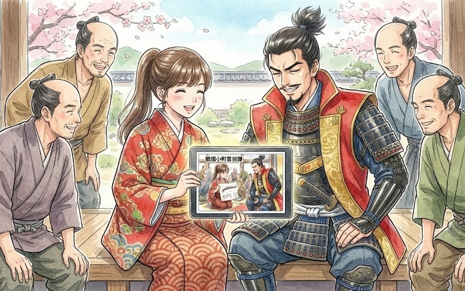 戦国小町苦労譚 イメージ図  織田信長　その家臣達と一緒にタブレットで作品を観て喜んでいる静子