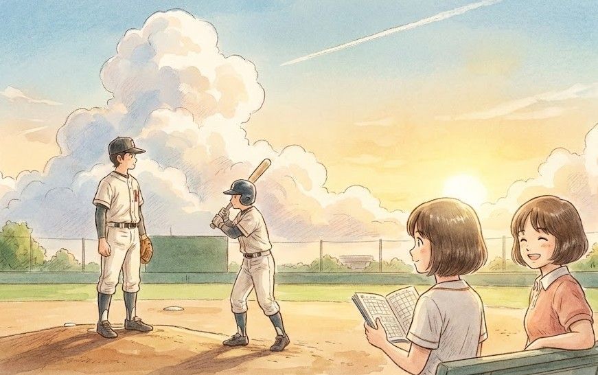 グラウンド上の比呂と英雄、ベンチに座ってそれを見ているひかりと、春華。