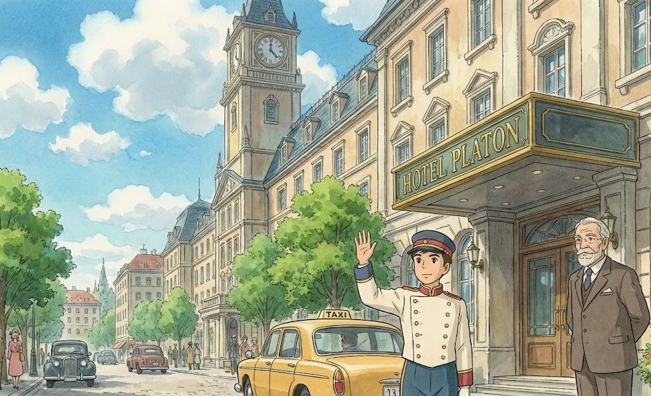 線の柔らかいイラスト:漫画『HOTEL』の舞台、ホテル・プラトンの外観と従業員