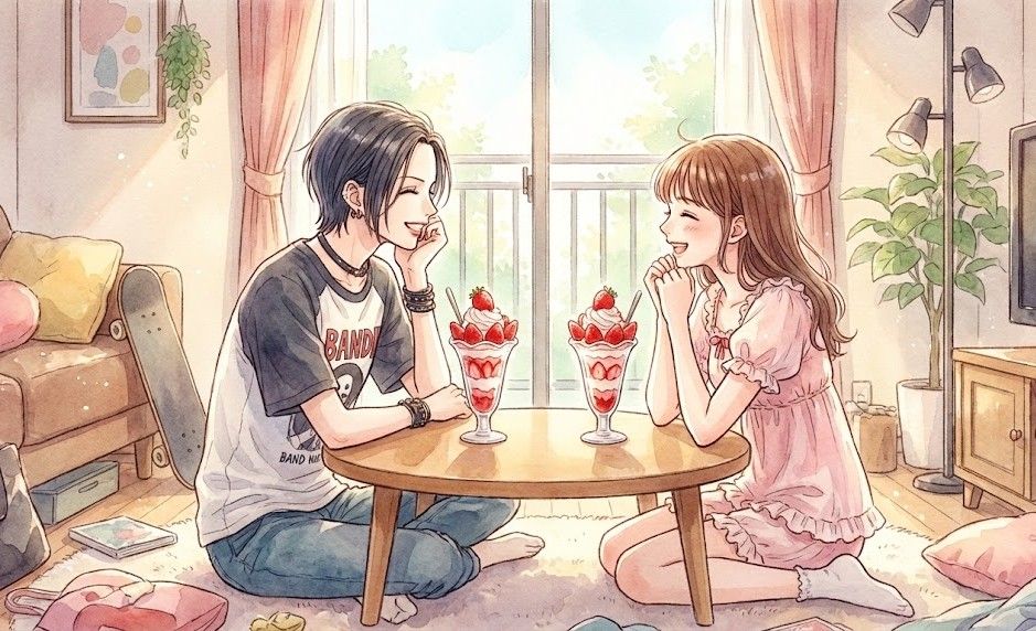 707号室のリビングで、二人が仲良くイチゴの乗ったグラス（ハチが好きな「ジャクソンホール」風）を囲んで談笑しているような温かいシーン。