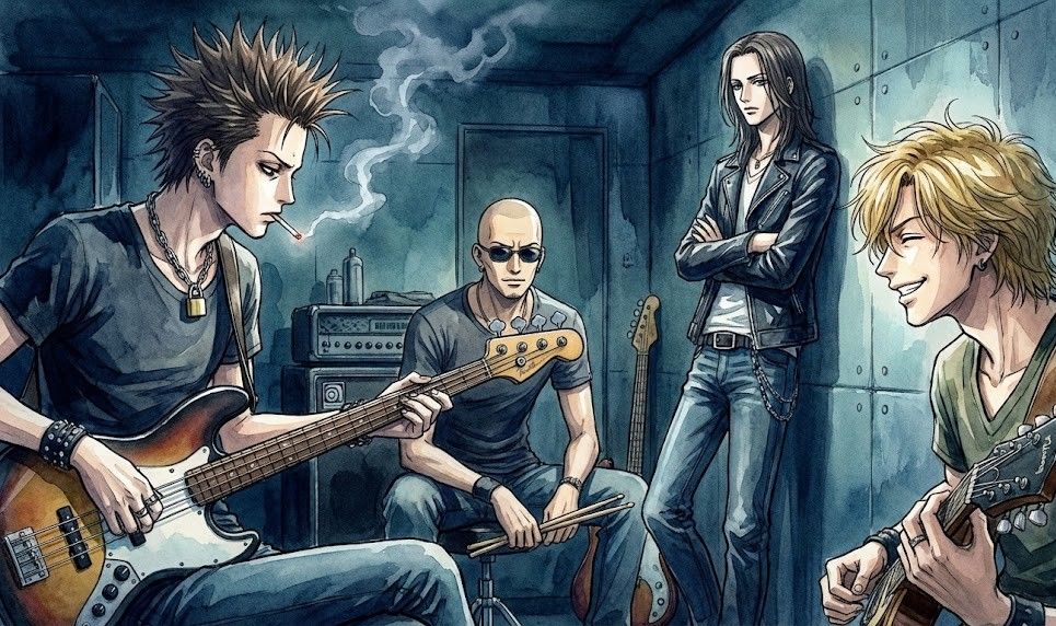 レン、ヤス、タクミ、ノブなど、物語を彩る男性陣が楽器を持ったり、煙草をくゆらせたりしている、クールなバンドマンの雰囲気漂う集合イラスト。