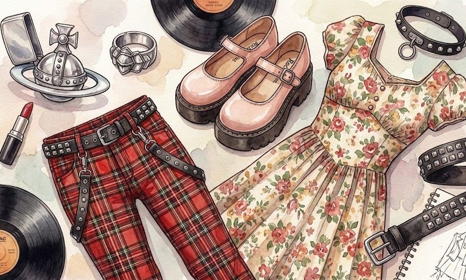 ナナのオーブライターやアーマーリング、ハチの可愛い靴など、象徴的なアイテムがお洒落に配置された、ファッション誌の挿絵のようなイメージ。