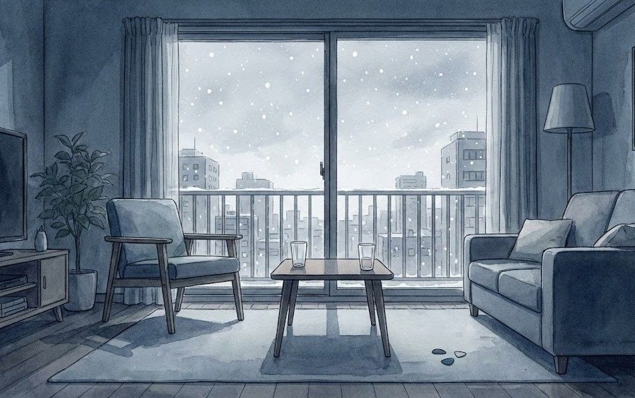 少し切ない雰囲気で。誰もいない707号室の部屋、窓の外は雪が降っているような、物語の「不在」と「再会への願い」を感じさせるシーン。