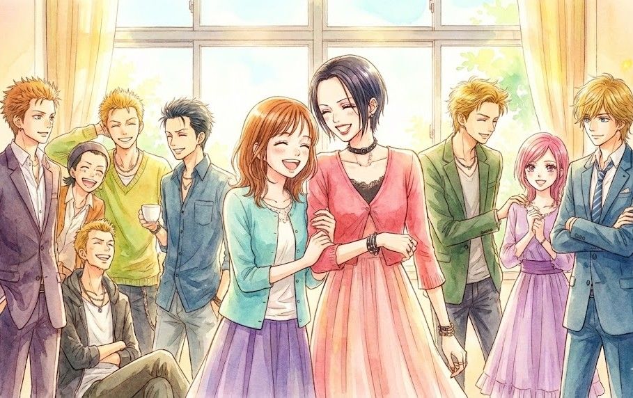 記事の締めくくりとして、ナナとハチ、そしてブラストやトラネスのメンバーが笑顔で集まっている、温かい未来を感じさせる集合写真のようなイラスト。