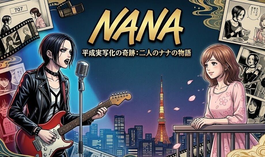 16:9のアスペクト比で描かれた、二人の「ナナ」のイラスト。左側には黒い革ジャンを着てマイクに向かって歌うパンクなナナ、右側にはピンクの服を着てバルコニーから夜景を眺めるハチが配置されている。中央に「NANA 平成実写化の奇跡：二人のナナの物語」というテキスト