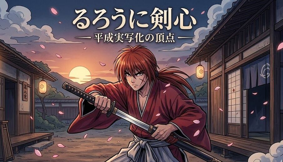 16:9のイラスト。左側に逆刃刀を抜き放とうとする緋村剣心、背景には明治時代の街並みと夜桜が美しく描かれている。中央に「るろうに剣心 平成実写化の頂点：不殺の信念とアクションの融合」のテキスト。