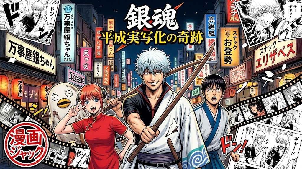 16:9のアスペクト比のイラスト。中央に不敵な笑みを浮かべる銀髪の坂田銀時、右に眼鏡をかけた新八、左にチャイナ服でピースをする神楽、そして実写版のような質感のエリザベスが配置されている。背景は夜の歌舞伎町の街並みで、「銀魂 平成実写化の奇跡」の大きなロゴ。左下には「漫画ジャック」と記された赤い円形ロゴ。