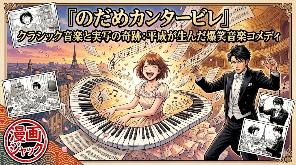 16:9のアスペクト比のイラスト。左側には満面の笑みでピアノを弾くのだめ、右側には真剣な表情で指揮を執る千秋真一が描かれている。背景には音符や楽譜、そしてパリの風景を思わせるエッフェル塔が薄く重なり、全体的に明るくリズミカルな雰囲気。「のだめカンタービレ クラシック音楽と実写の奇跡」のテキスト。左下に「漫画ジャック」の赤い円形ロゴ。