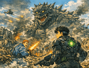 大怪獣と戦う２名の防衛隊の隊員。