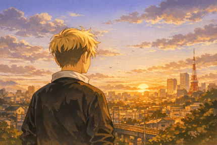 都会に沈む夕日を見て黄昏ている主人公。