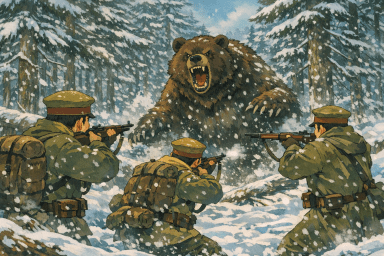 雪深い森でヒグマと戦う屯田兵。