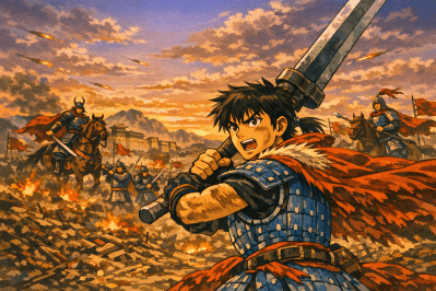 戦場で大剣を構える主人公の信。